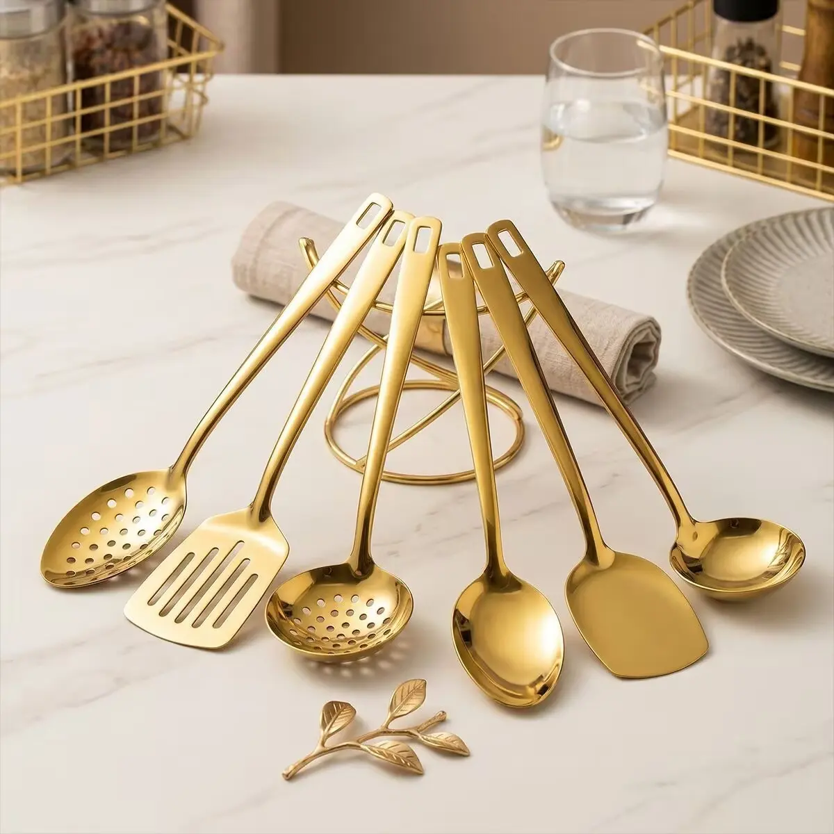 6 Piece Stainless Steel Kitchen Utensil Set, Square Handle Cooking Tools, Restaurant Serving Spoons, Essential Chef Gear, Stainless Steel Kitchen Utensils Set