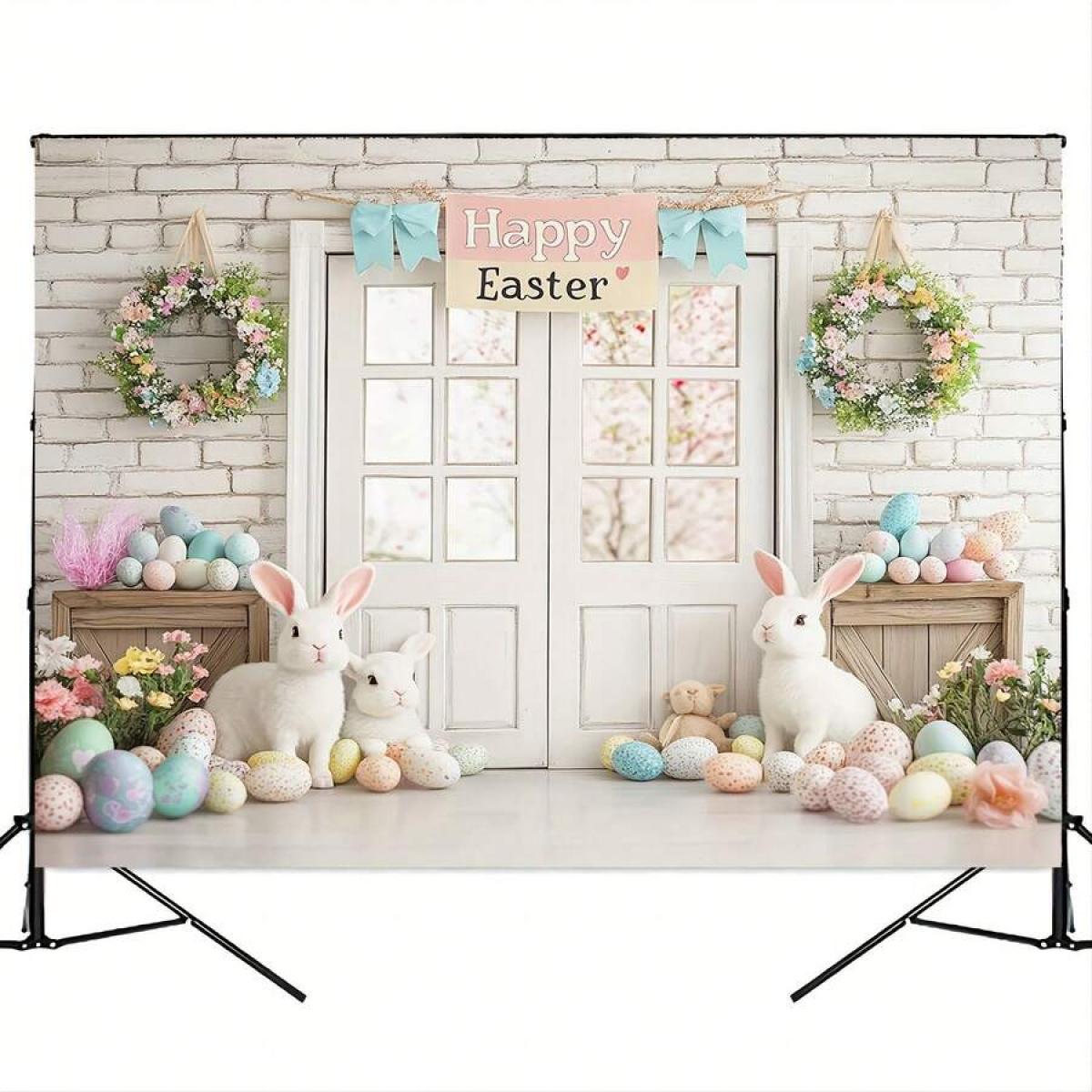 1pc Adorable Easter Bunny & Eggs Wall Backdrop , Durable Polyester, Perfect For Spring Celebrations, Birthday & Wedding Party Decorations, Cozy Home Cake Table Banner With Charming Rabbit And Colorful Egg Design, Rabbit Accessories room tapestry