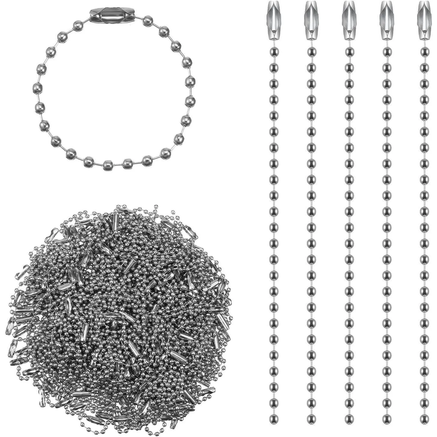 200 Pcs Ball Bead Chain, 4 Inch Silver Keychain Rings with Connectors, Small Metal Ball Chain for Crafts, Dog Tag, Hanging Decoration, Easy to Cut & Assemble