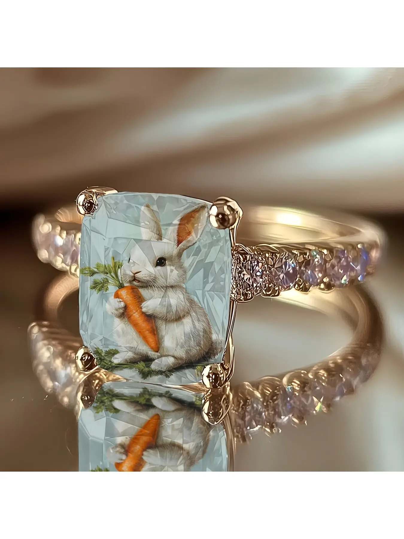 Rectangular carrot-printed white rabbit ring. Fresh and cute cartoon rabbit pattern ring. Easter sweet girl daily decoration gift.