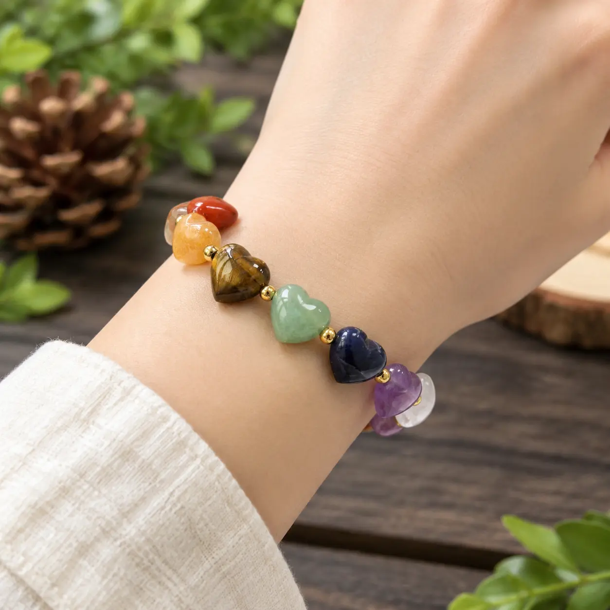 Women's Natural Rainbow Stone 7-Chakra Woven Adjustable Bracelet - Customizable Heart Crystal Beaded Collectibles Jewelry, Energy Balance, Calming Style, 2025 Winter Gifts for Adulting Women