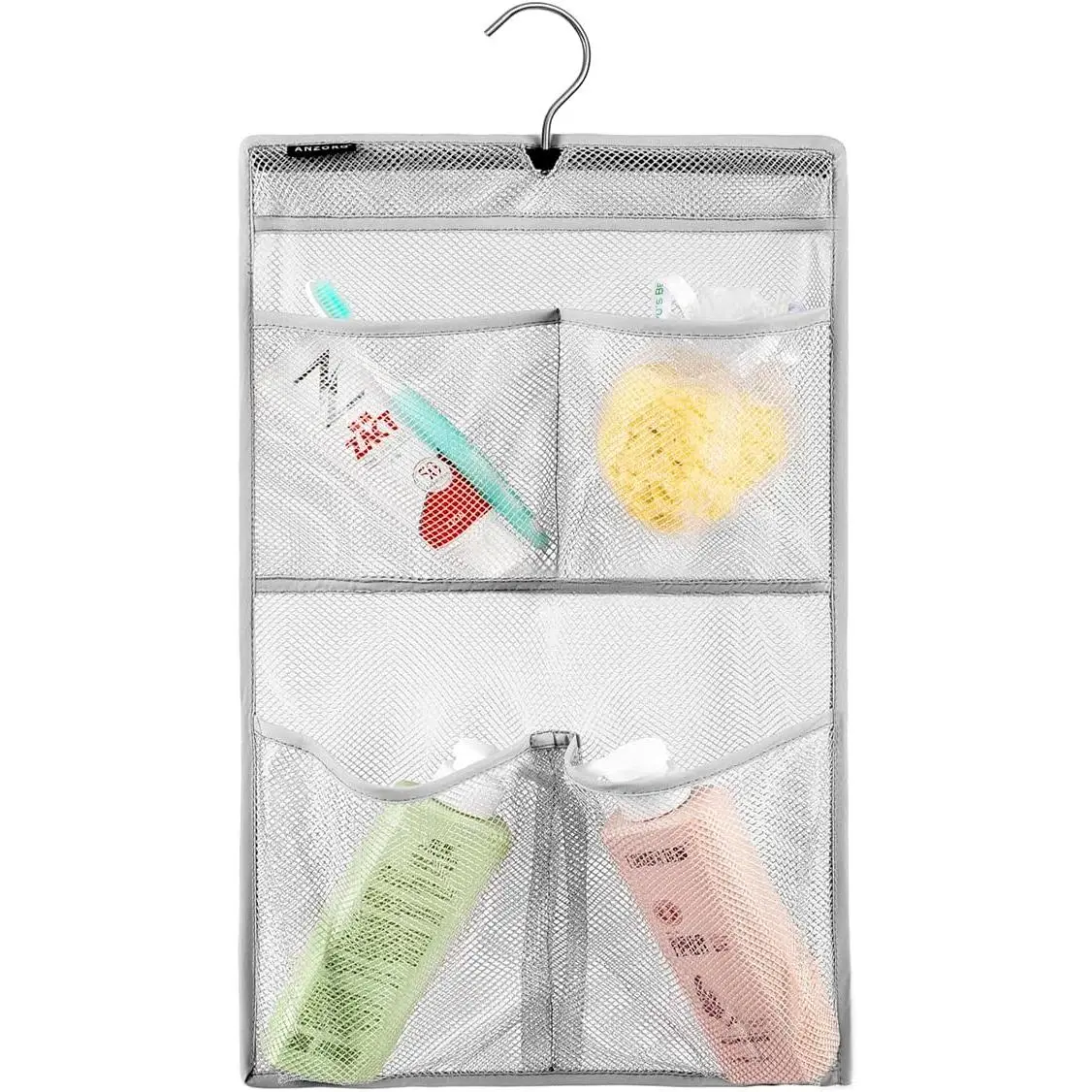 Mesh Shower Organizer with 4 Pockets, Breathable Nylon Mesh Texture Quick-Dry Bathroom Toiletry Storage, 20x14 in Rotating Hanger