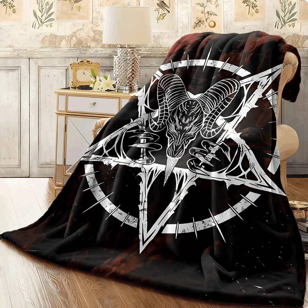 Occult Goat Pentagram Flannel Throw Blanket Dark Red Smoke Background White Sketch Baphomet Goat Head Circle Sigil Macabre Gothic Art Soft Fleece Blanket Alternative Goth Man Cave Sofa Decor Gift