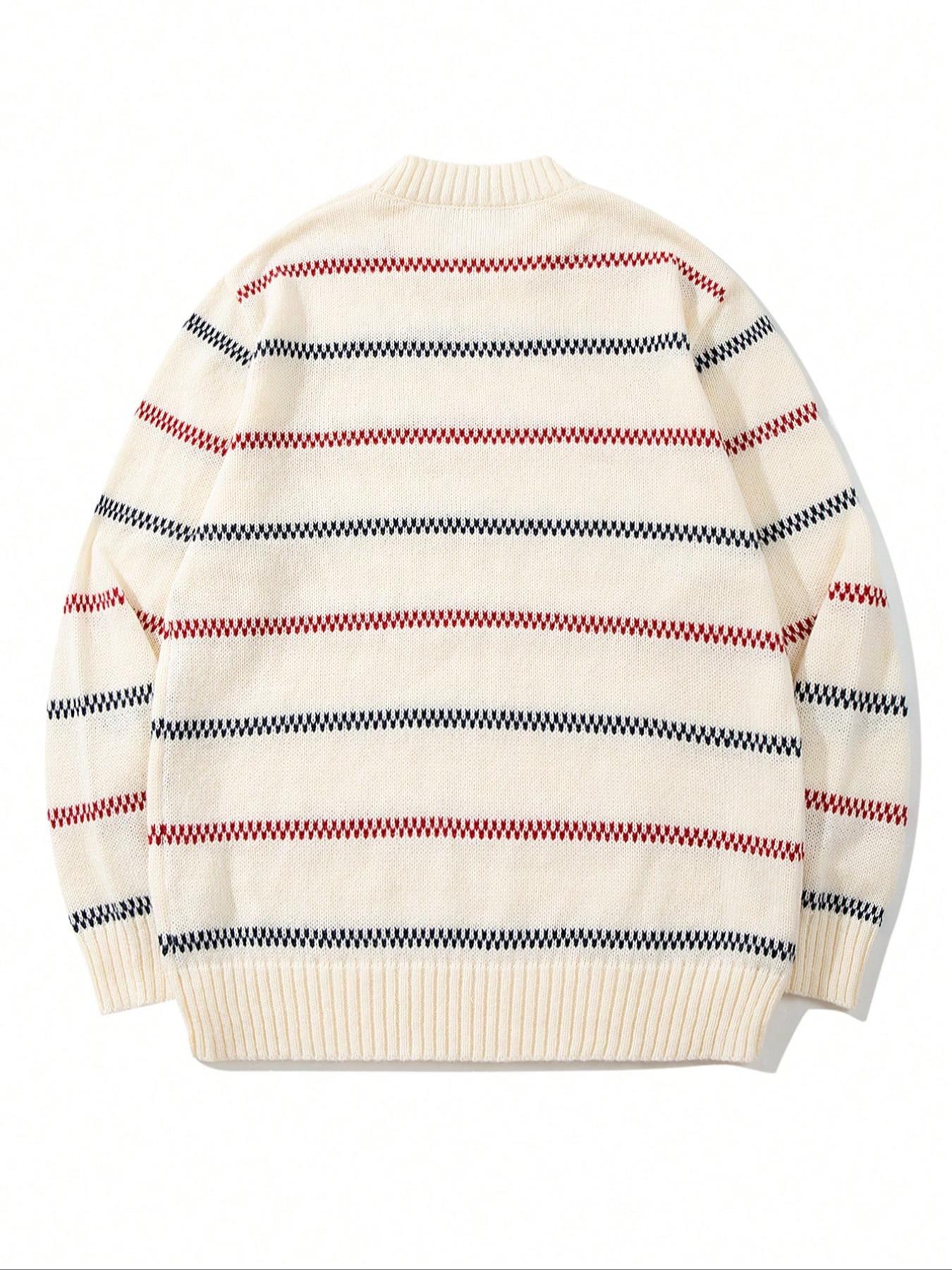 Men's Korean Style Striped Knit Sweater, Casual Round Neck Long Sleeve Pullover, Fall & Winter Fashion, New Arrival, Knitwear