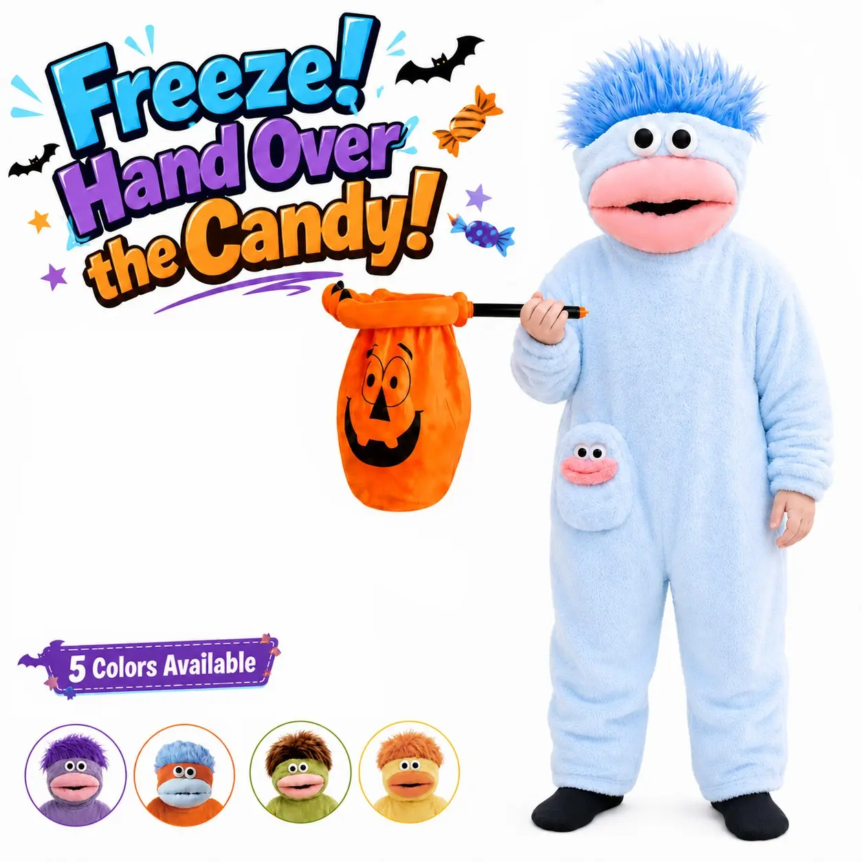 Kids' Funny Monster Halloween Costume with Pumpkin Candy Bag, Cute Plush Onesie, Cosplay Costume, Daily Loungewear & Sleepwear