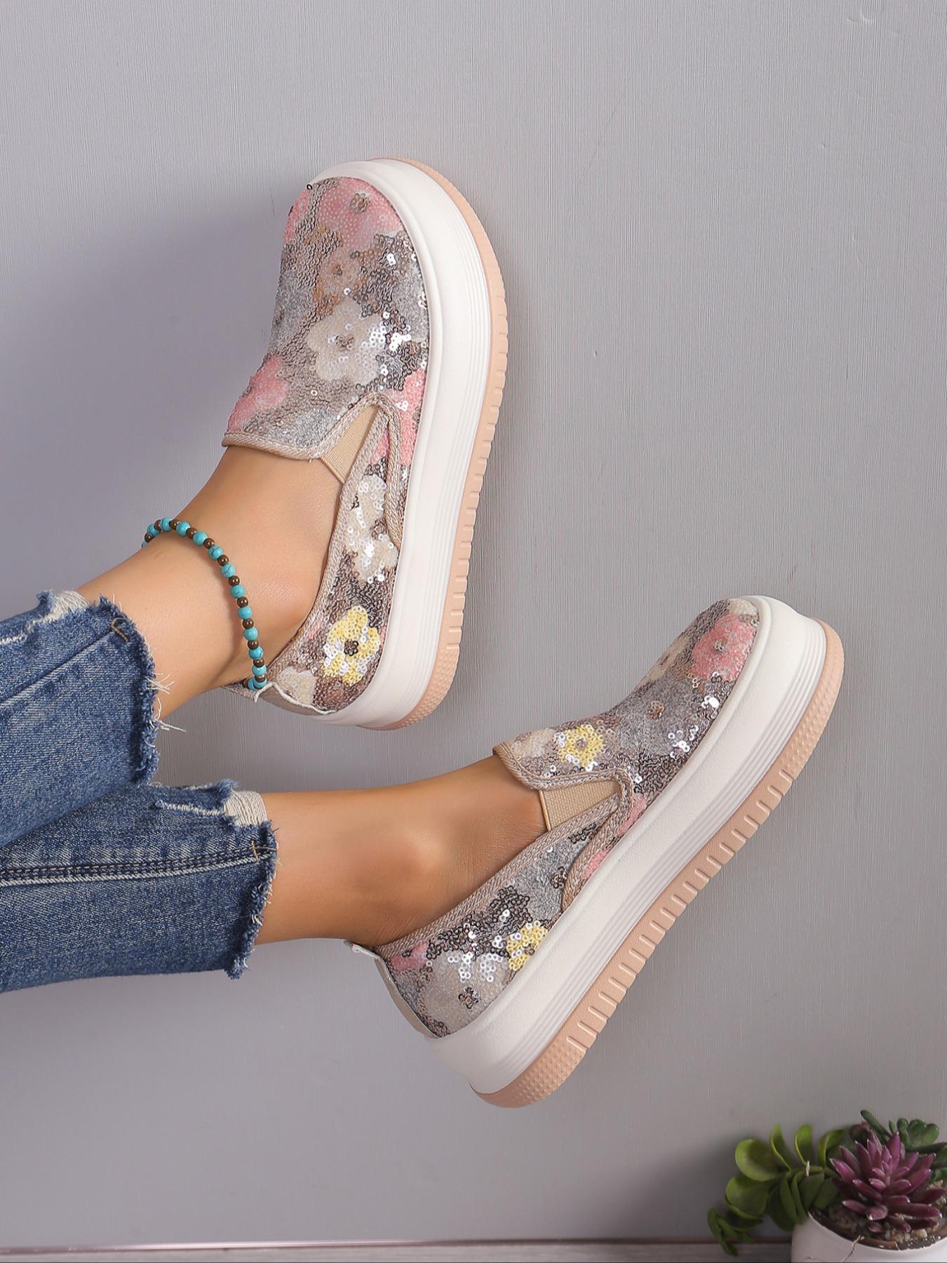 Fashionable Ditsy Floral Pattern Sequin Decorated Slip on Thick-soled Slipon Sneakers, Casual Comfortable Round Toe Low Top Shoes for Women, All-match Commuter Shoes for Work & Daily Wear