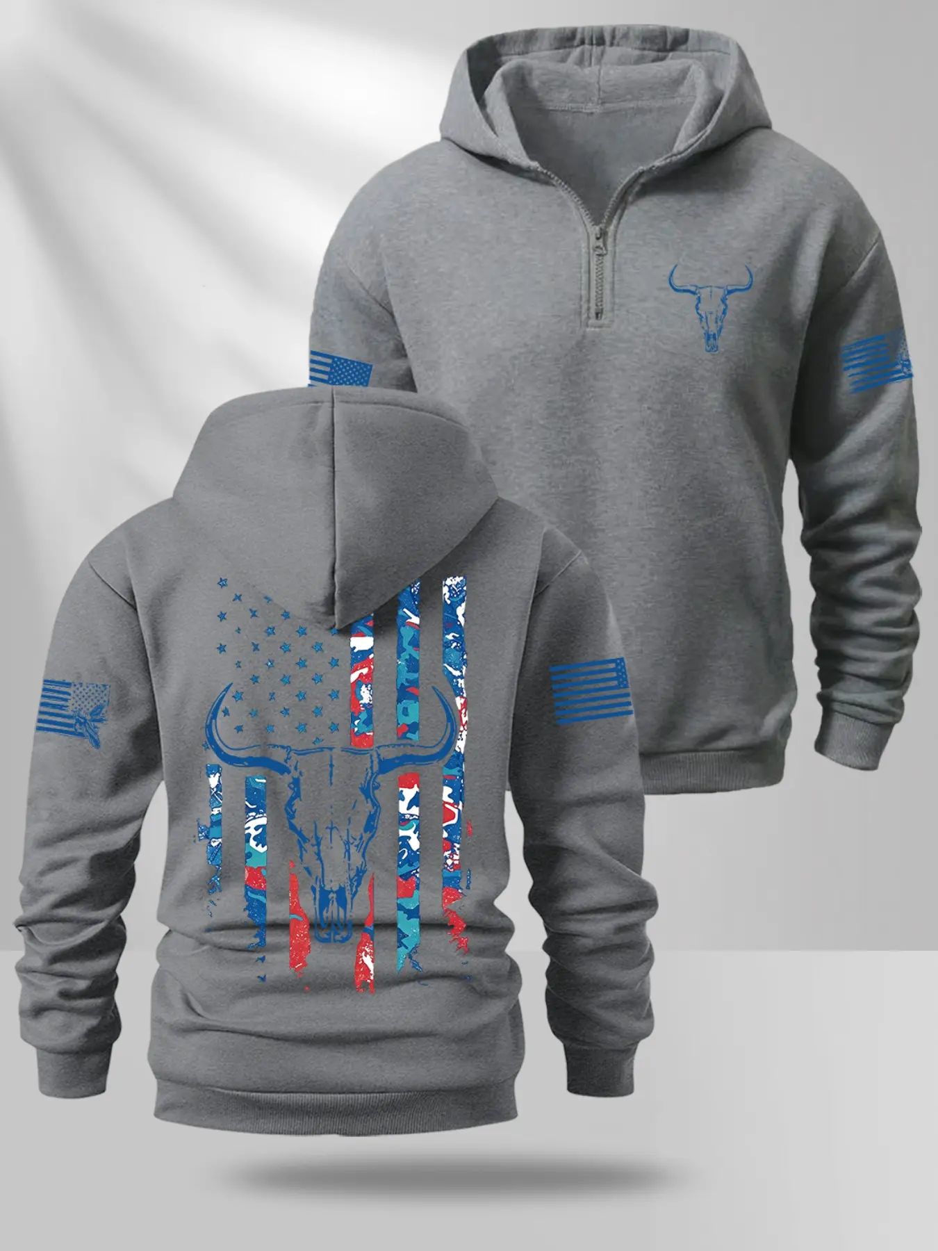 Men's 1/4 Zip Hoodie American Flag Bull Skull Graphic Pullover Vintage Western Country Long Sleeve Hooded Sweatshirt Casual Outdoor Streetwear Top#BullSkullPrint #QuarterZipHoodie #MensHoodie #OutdoorWear