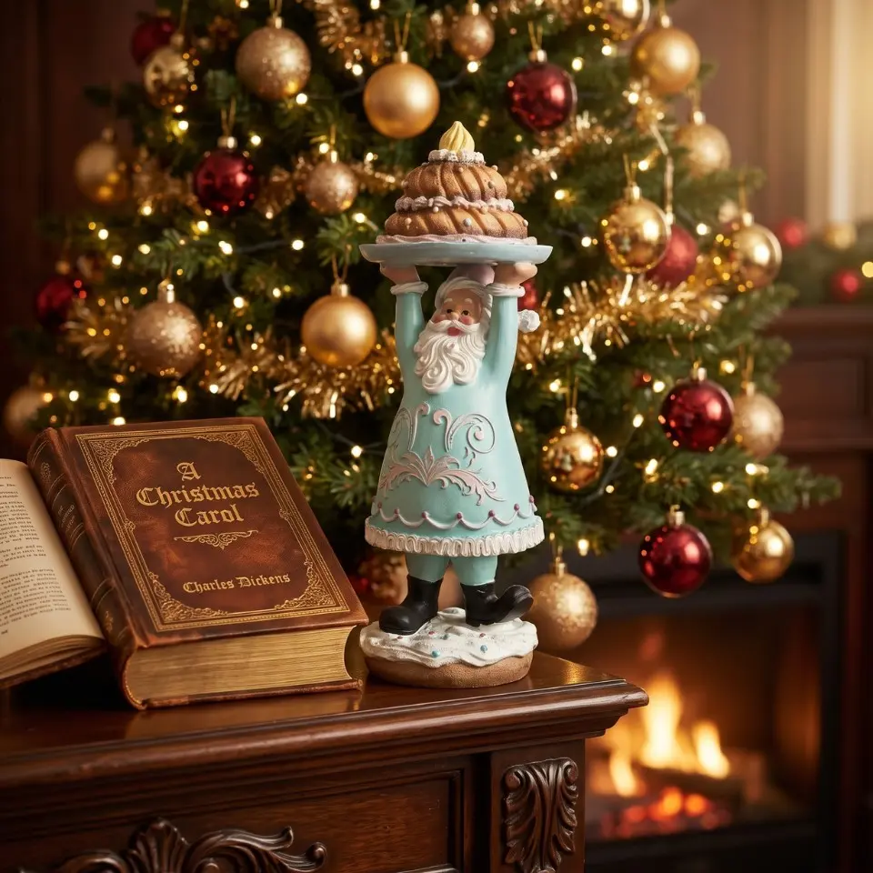 Vintage Christmas Decor, Retro Pastel Blue Santa Claus Figurine with Cake, 11-Inch Resin Christmas Statue Tabletop Centerpiece, Cozy Aesthetic Holiday Mantel Ornament Whimsical Holiday Home Decor, Xmas Gifts for Family, Room Decor Aesthetics