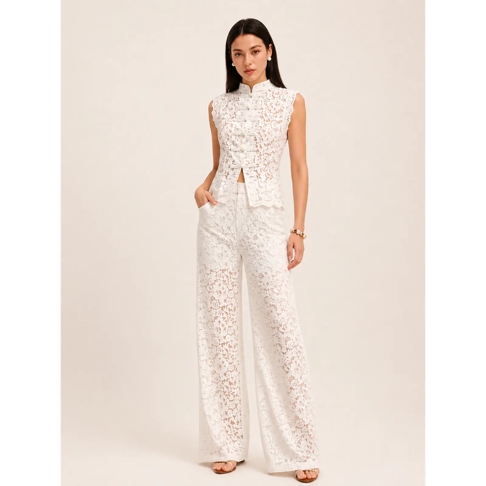 Frog Button Mandarin Collar Lace Vest & Pants Set