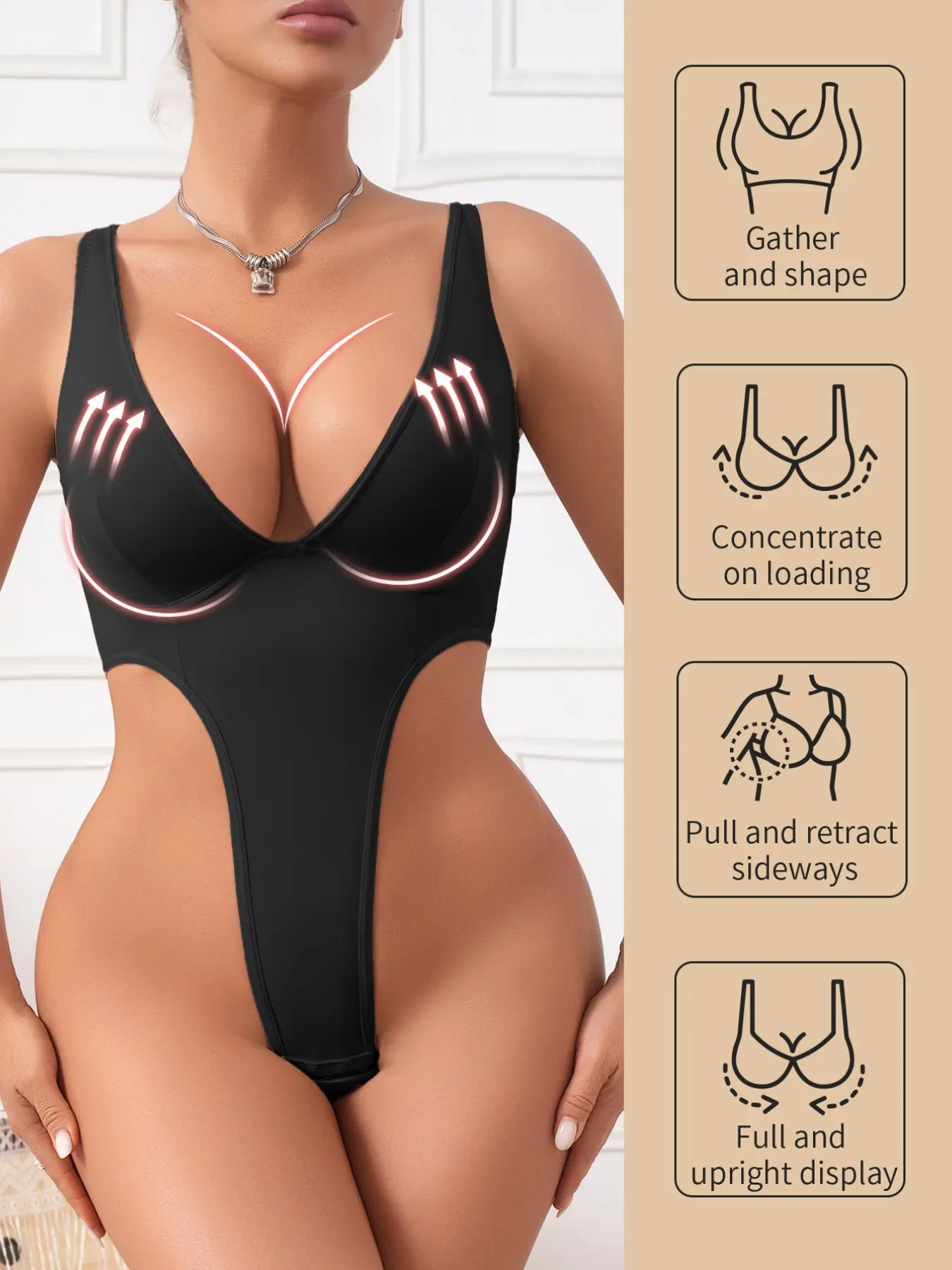 Women's Deep V Side Cutout Bodysuit, Push-Up Lifted Bust, Smooth High Elastic Fabric, Adjustable Straps, Perfect for Daily Wear, Jeans, Parties