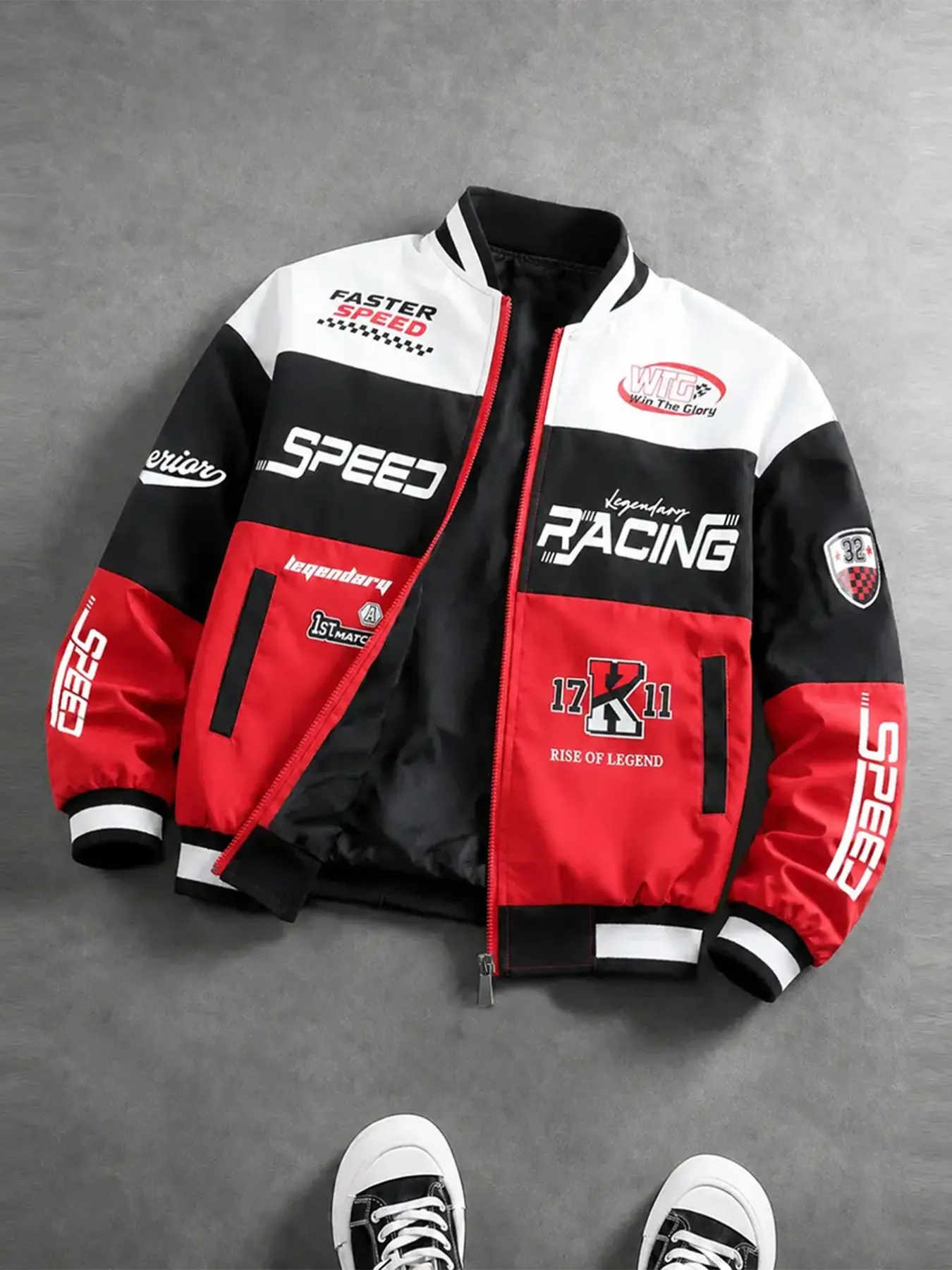 Men's Colorblock Stand Collar Motorcycle Jacket, Racing Theme Letter Print, Ribbed Hem, Casual Streetwear, Perfect for Motorbike Outing, Casual Loose Jacket