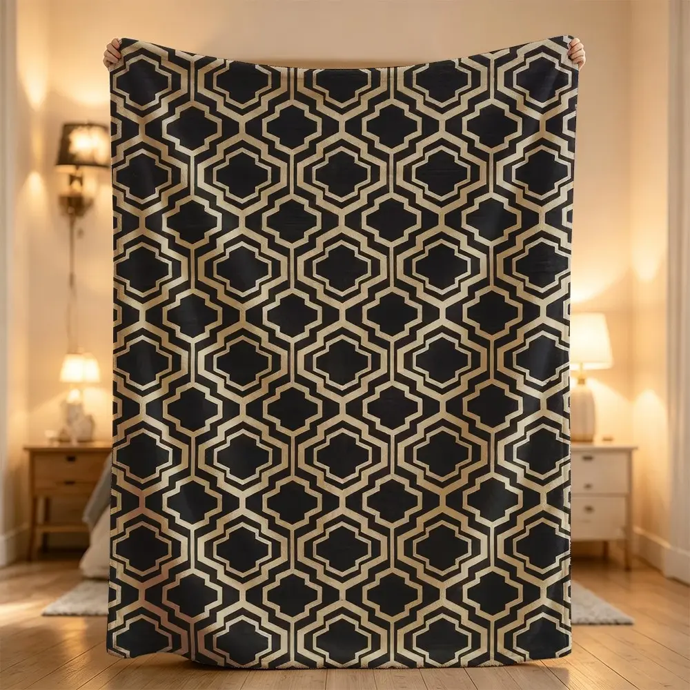 Geometric hexagon black gold modern stylish decorative cozy minimalist elegant trendy reversible Flannel blanket, sofa leisure blanket, bed blanket, Plush Throw Blanket,Cozy Soft Lightweight Blanket,Boho Decorative Throw Blanket