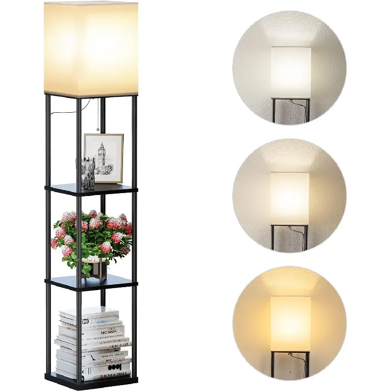 Floor Lamp with Shelves, Modern Square Standing Lamp with 3 Color Temperature Bulb, Corner Display Bookshelf Lamp for Living Room and Bedroom(Black)