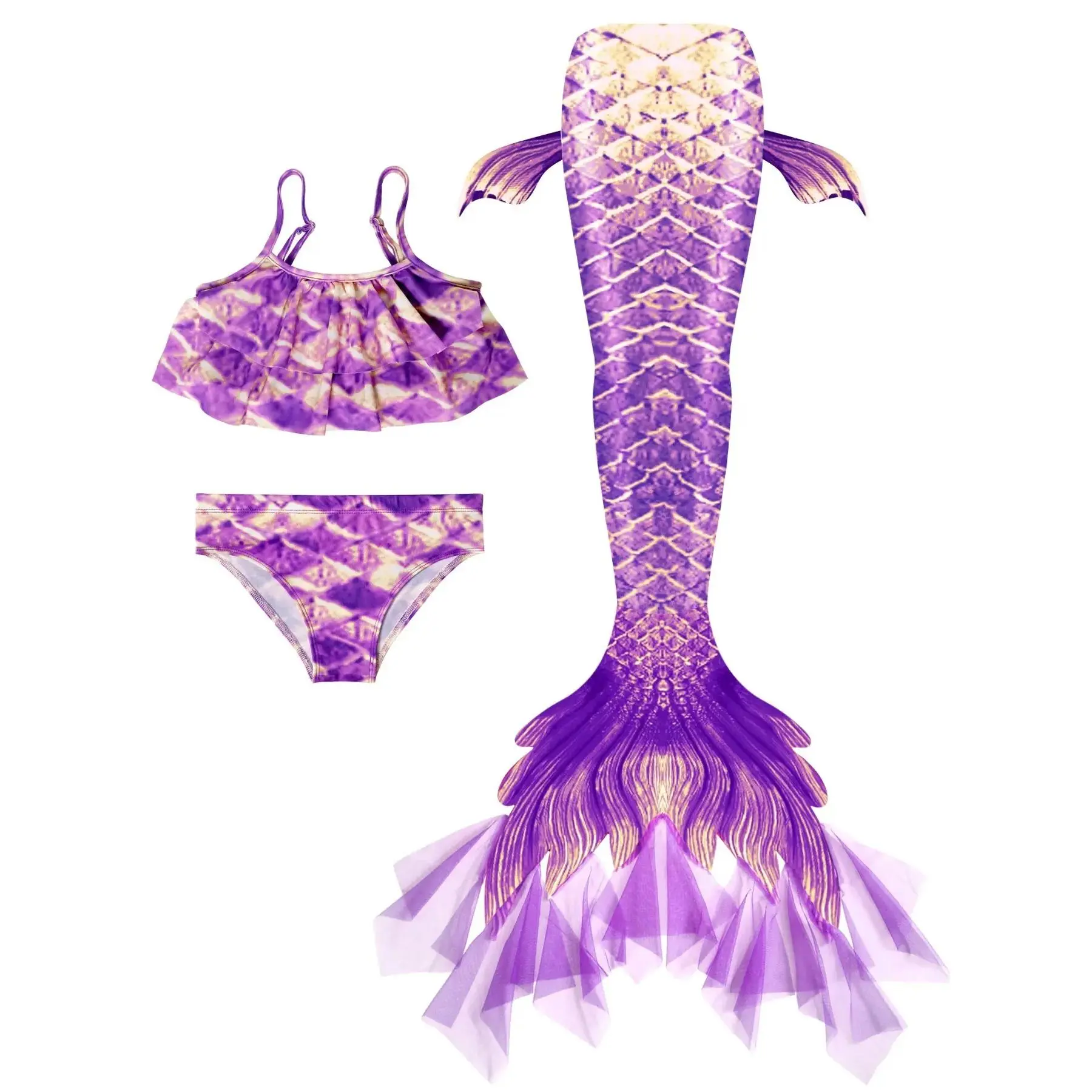 Girls Mermaid Swimsuit Mermaid Tail Beach Party Birthday Gift, Bikini Set Includes 1 Tail, 1 Top, 1 Shorts, Flippers Not Included.