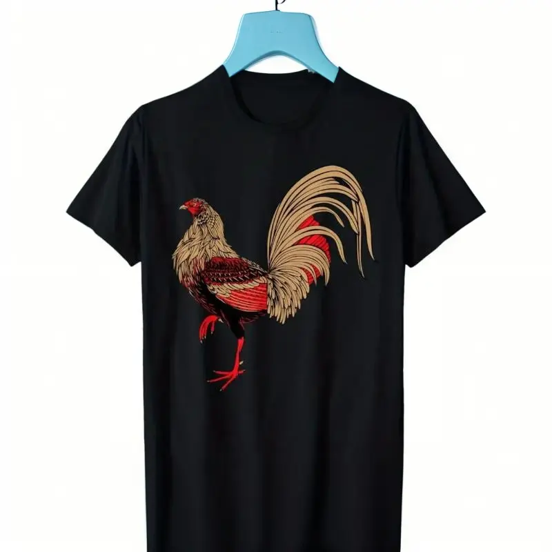 Men's Casual Black  T-Shirt with Vibrant Red Rooster Print – Short Sleeve, Round Neck,  Machine Washable, Perfect for Casual Attire, Casual Wear |     Pullover Tshirt | Streetwear