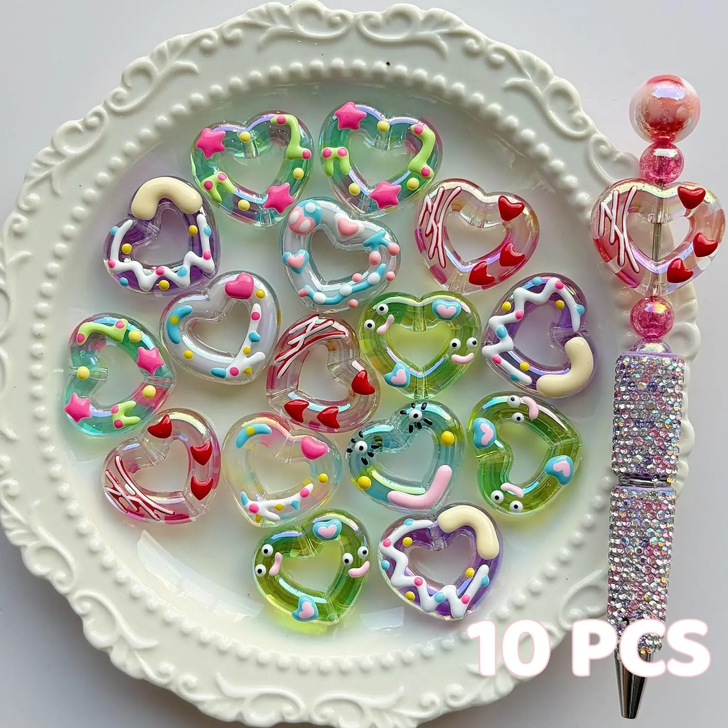 10pcs Mixed Color Double-Sided Beads, Hand-Drawn Decorative Beads, DIY Craft Kit for Keychains, Phone Chains, Backpacks, Etc