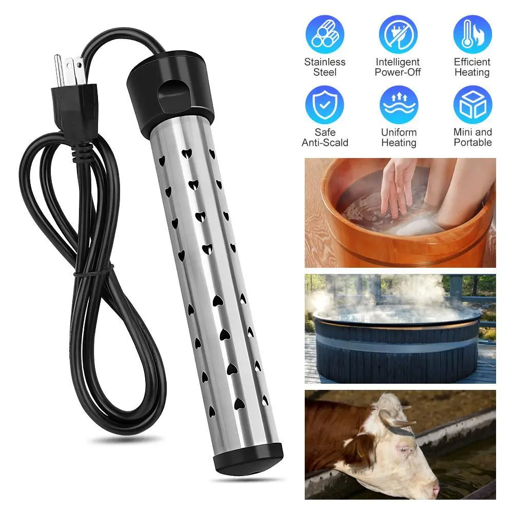 1500W Instant Immersion Water Heater, Stainless Steel Electric Heating Rod with 75°C Auto Shut-Off, Pure Copper & Magnesium Oxide Core Portable 110V Heater with Anti-Scald Guard for Tubs, Buckets