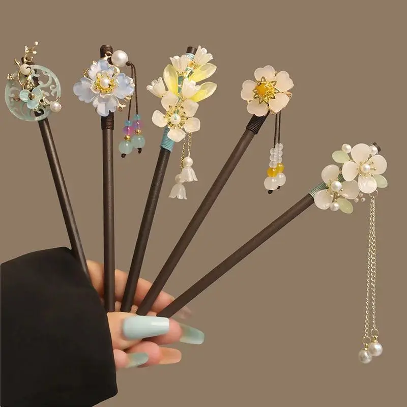 Flower Tassel Pearl Hair Sticks Wooden Hair Fork Hairpin Chinese Style Handmade Floral Hair Stick Women Hanfu Hair Accessories