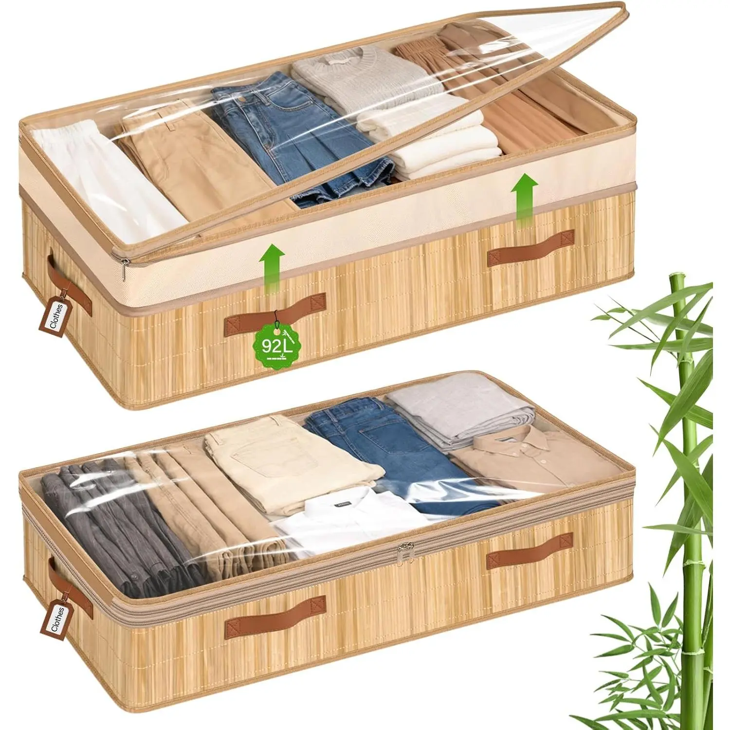2 Pack Bamboo Under Bed Storage, 6-10 inches Height Adjustable Underbed Storage Containers, 92L XXXL Large Under Bed Storage Bins with Clear Lid & Label for Clothes, Blankets, Sweater, Shoes