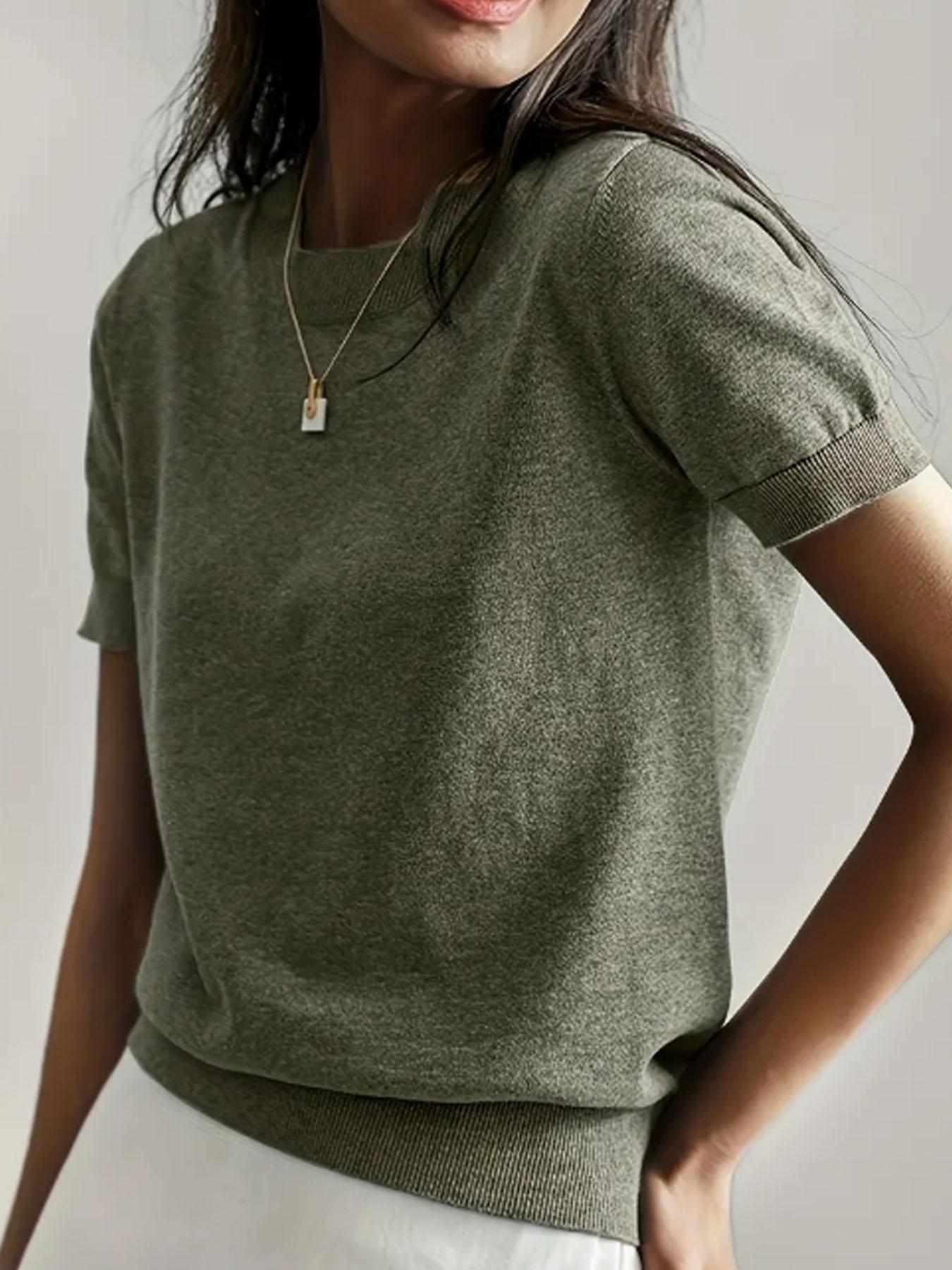 Women's Solid Color Crew Neck Short Sleeve Lightweight Loose Sweater, Casual Basic Minimalist Knit Pullover for Spring & Fall, Fashion Women's Knitwear for Daily Wear, Womenswear Women's Solid Color Crew Neck Short Sleeve Lightweight Loose Sweater, Casual Basic Minimalist Knit Pullover for Spring & Fall, Fashion Women's Knitwear for Daily Wear, Womenswear