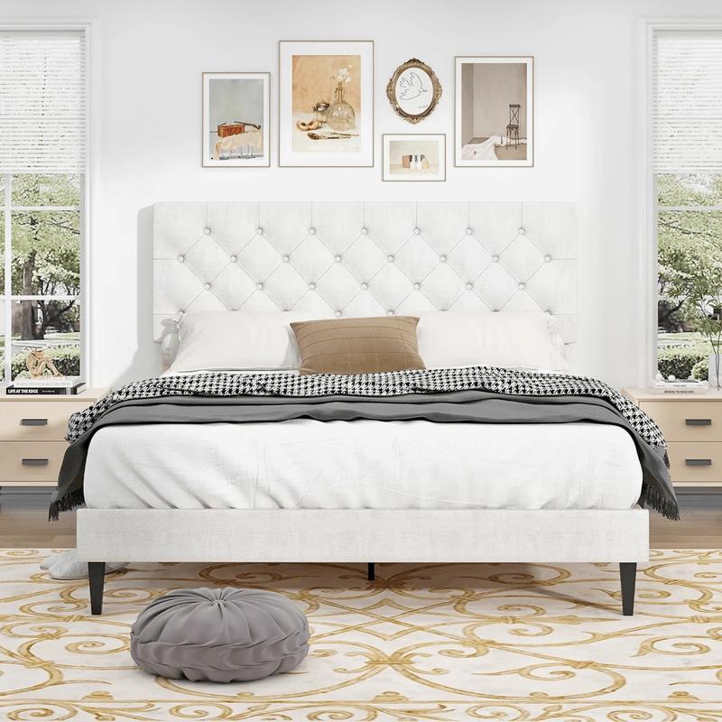 Linen Bed Frame with Button Tufted Headboard, Twin Full Queen  Sizes, No Box Spring Needed, Easy Assembly