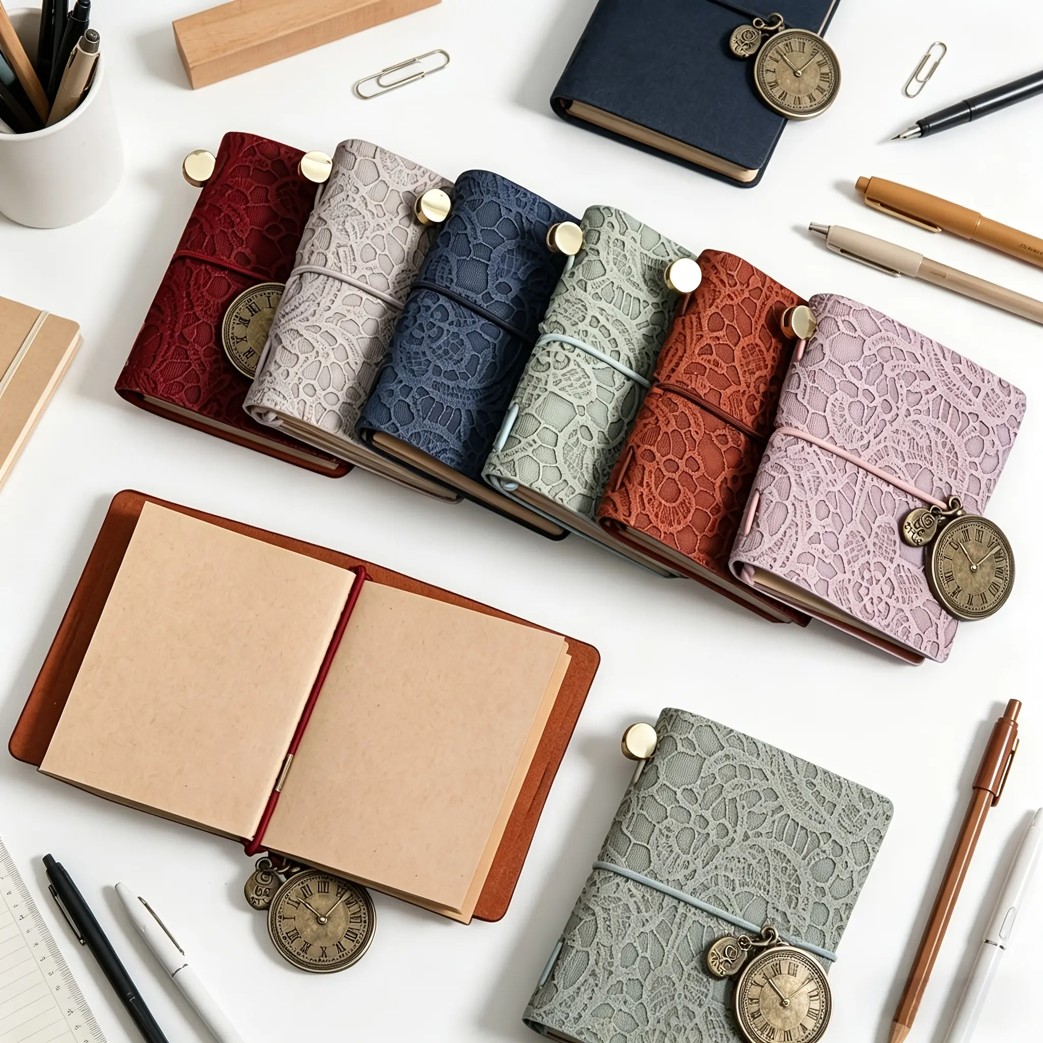 Retro Embossed Leather Journal – Mini Notebook with Metal Clock Charm and Strap Closure