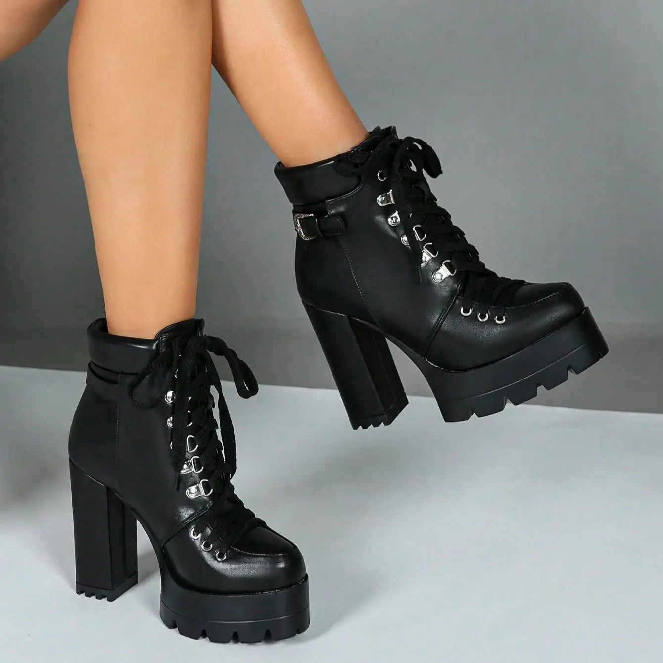 Women's Black Round Toe Platform Combat Boots - Lace-Up Chunky Heel Ankle Booties with Buckle, Retro Look, and Rubber Lug Sole, Rubber Sole