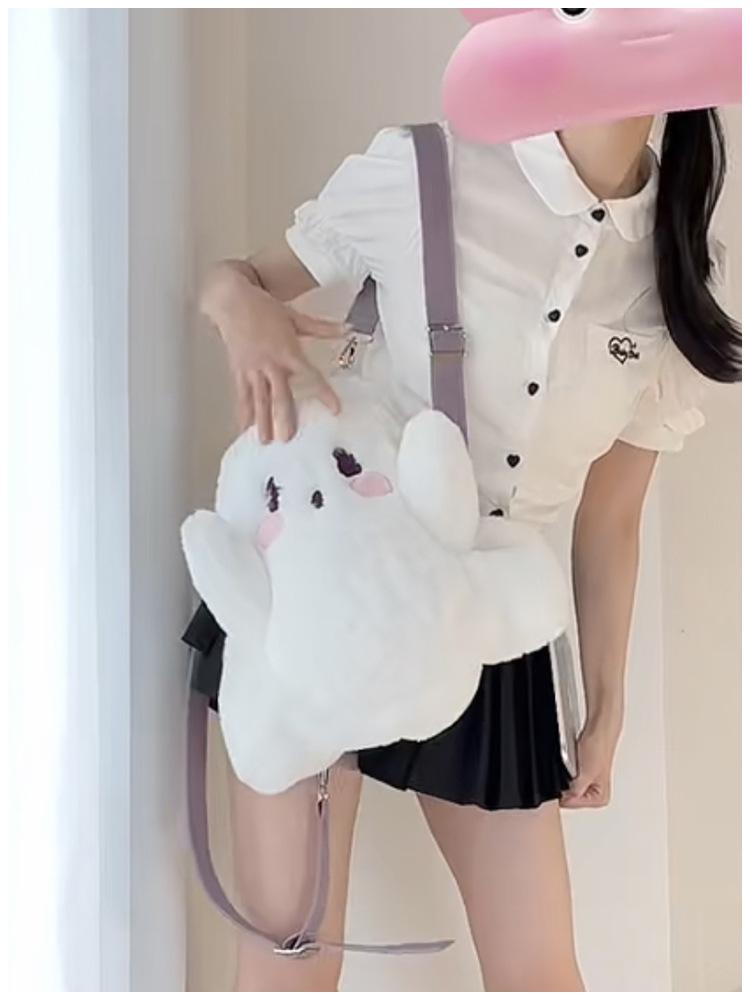 Y2k Cute Ghost Plush Backpack Kawaii Fluffy Crossbody Bag Cartoon Women Messenger Fashion Shoulder Bag Girl Casual Purse Handbag