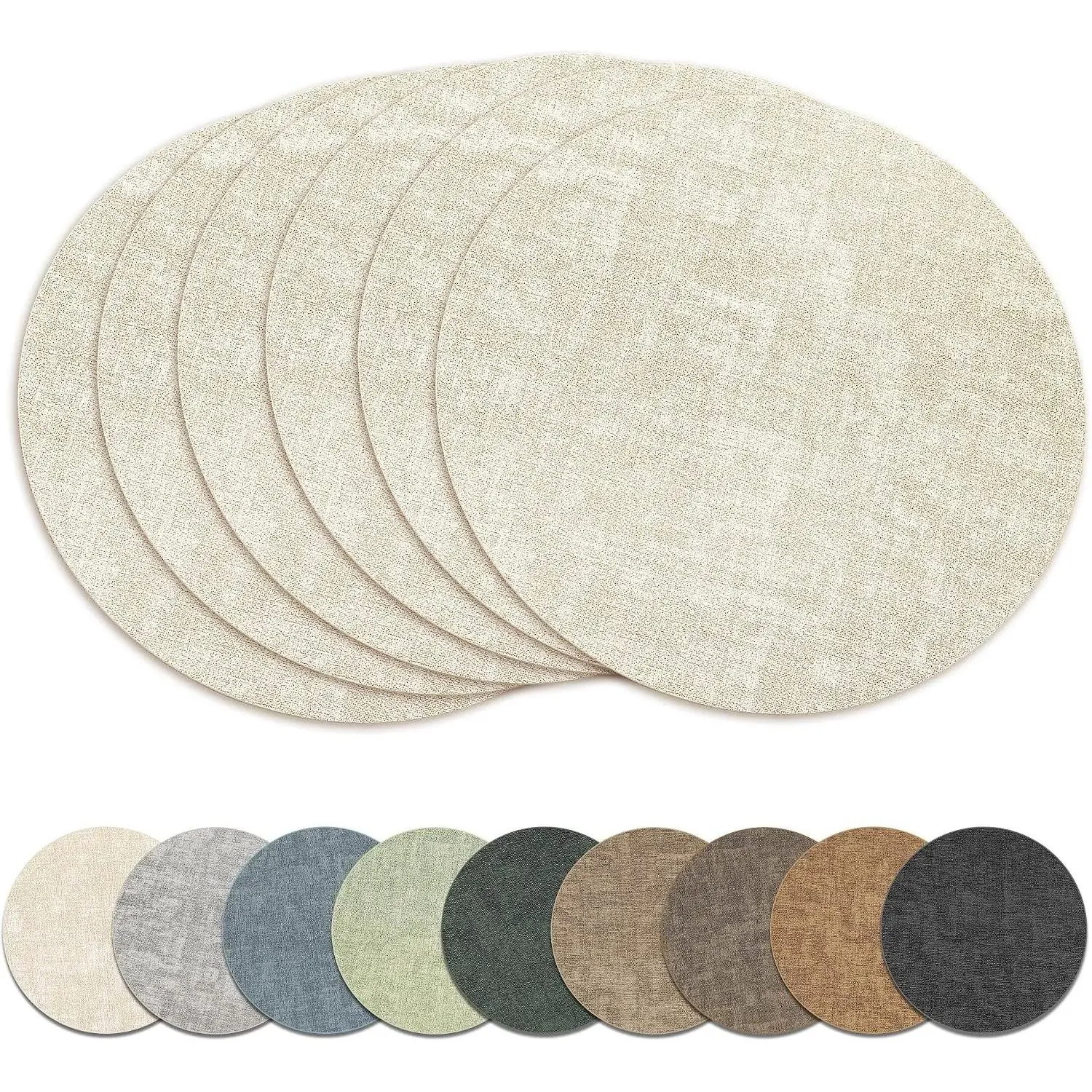 13" Round Faux Leather Placemats Set of 6 (Beige) - Circular Round Mats, Reversible, Thick, Insulated, Heat Resistant, Waterproof, Oilproof, Wipeable Tableware for Indoor/Outdoor Use