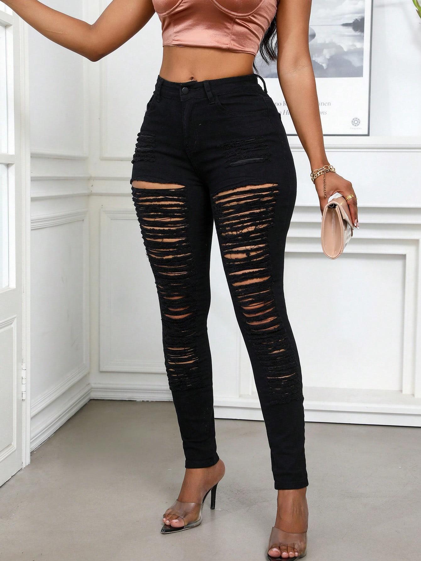 High Waist Extreme Ripped Skinny Jeans | Heavy Distressed Destroyed Denim | Sexy Cut-Out Pants for Women 2026