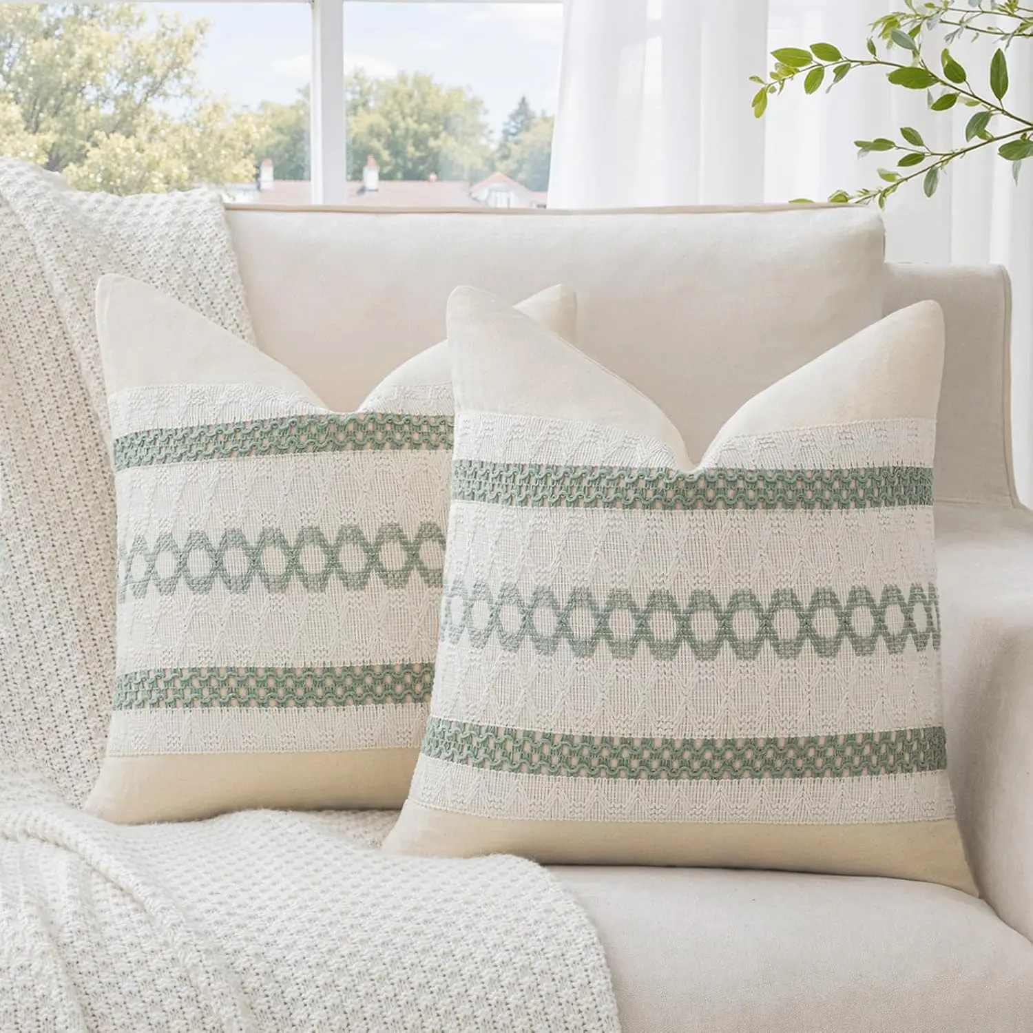 Sage Green Decorative Throw Pillow Covers 18x18 Inch Set of 2,  Textured Accent Cushion Case for Couch Living Room, Rustic Modern Neutral  Decor