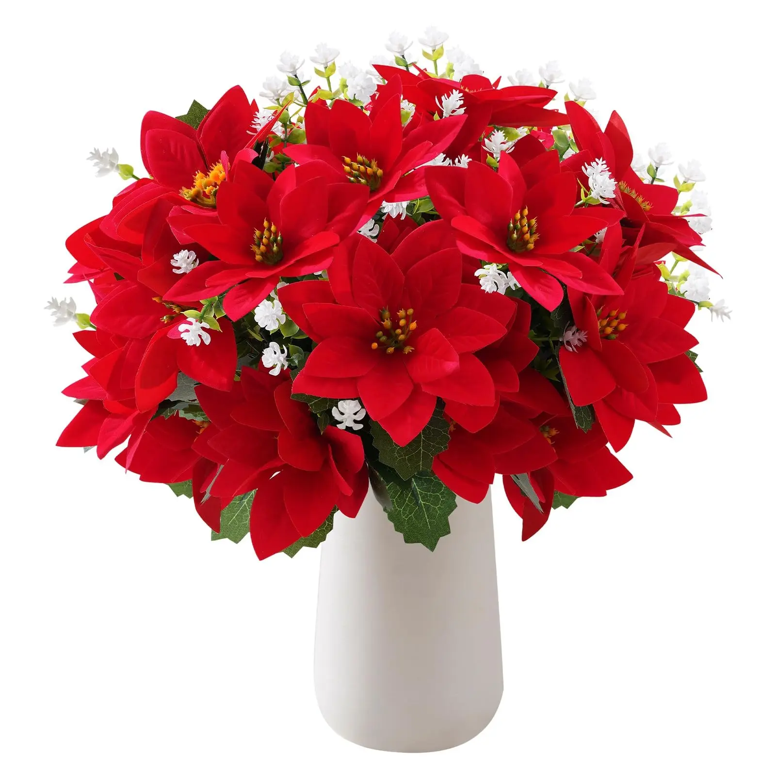 12‑Pack Artificial Christmas Flowers, 8 Pcs Poinsettias & 4 Pcs White Camellias, UV Resistant Fake Red Silk Poinsettia with Faux Eucalyptus, for Indoor Outdoor Home Garden Porch Patio Christmas Decor