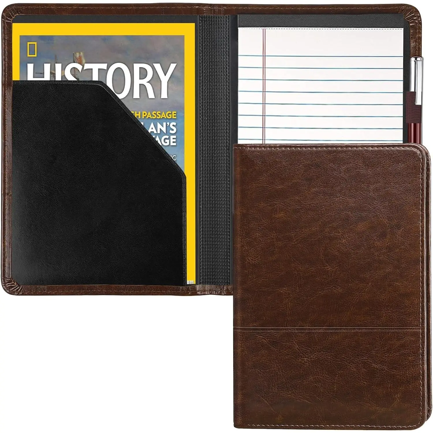Mini Padfolio Portfolio Binder 5 x 8 Legal Writing Pad A5 Document Organizer Folder for Men Women Brown