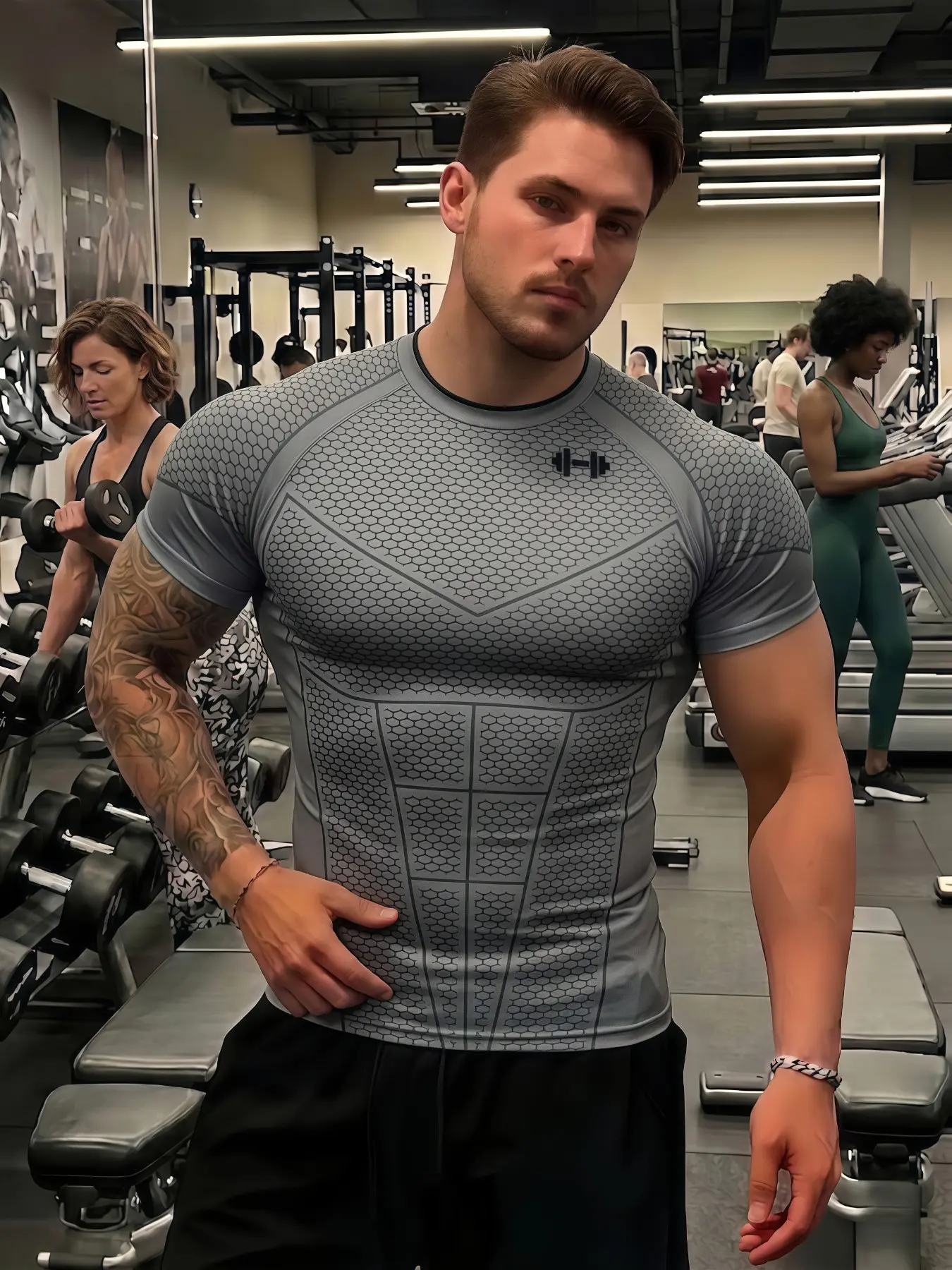 Men's European Style Fitness T-Shirt, Barbell Print, High Elasticity, Quick-Dry, Breathable, Compression Fit, Ideal for Gym Training