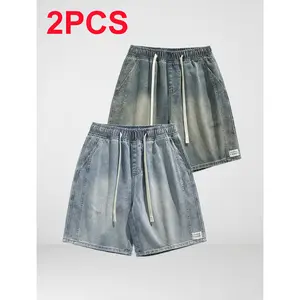 Men 2-pack Vintage Faded Washed Denim Shorts Y2K Streetwear Loose Straight Knee Length Drawstring Baggy Jorts Summer Casual Jean Shorts