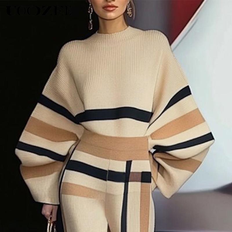 UOOZEE Loose Striped Round-Neck Pullovers Sweater Tops & Loose Wide Leg Striped Casual Pants Set Viscose Nylon Knitting Women's Clothing Suits Long Sleeve(The bottom is a bit small. It is recommended to choose one size larger)