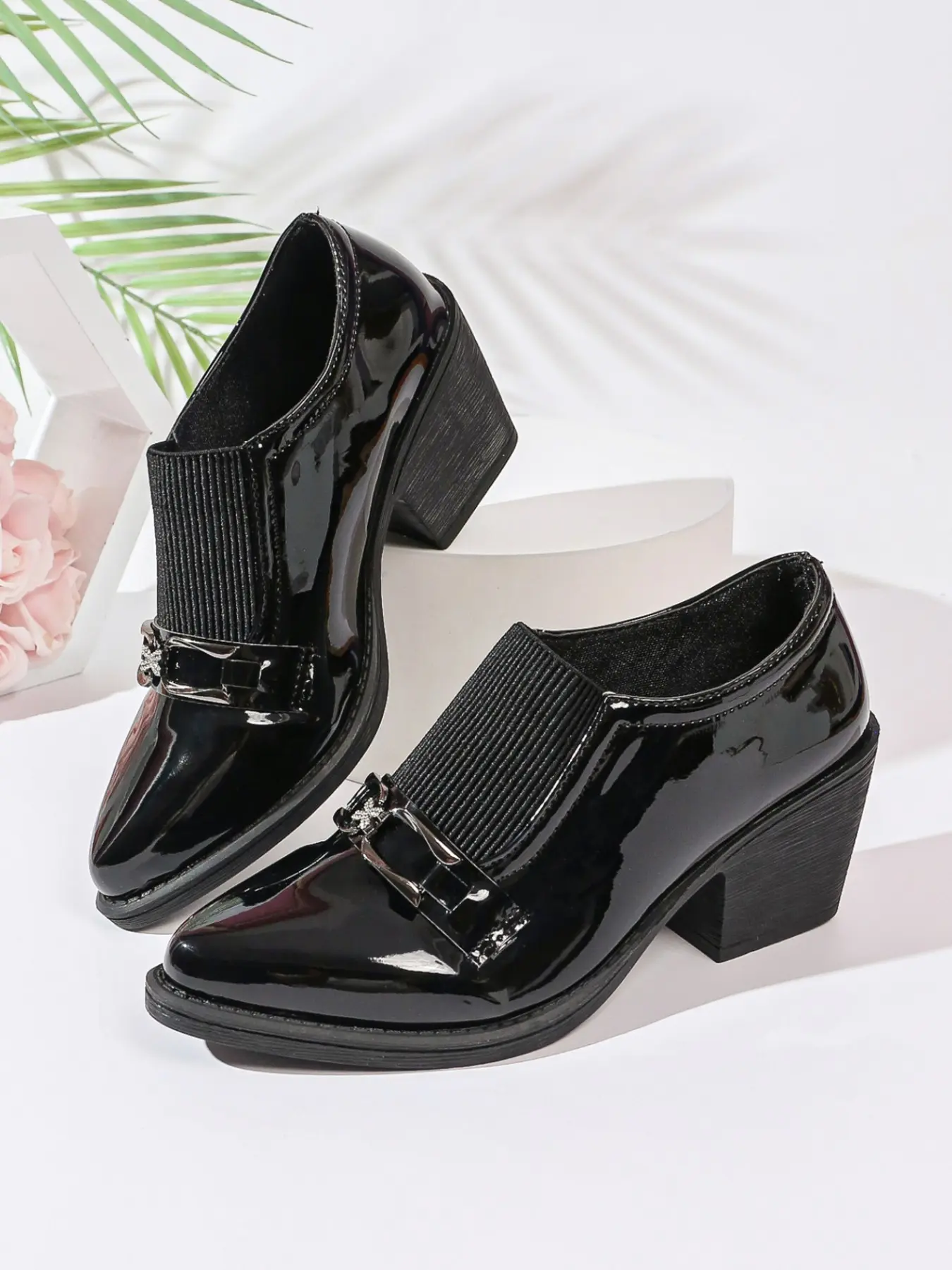 2026 New Glossy Leather Loafers for Women, Pointed Toe Thick Heel High Heeled Shoes, British Style Rhinestone Metal Buckle Slip-On Commuter Boots