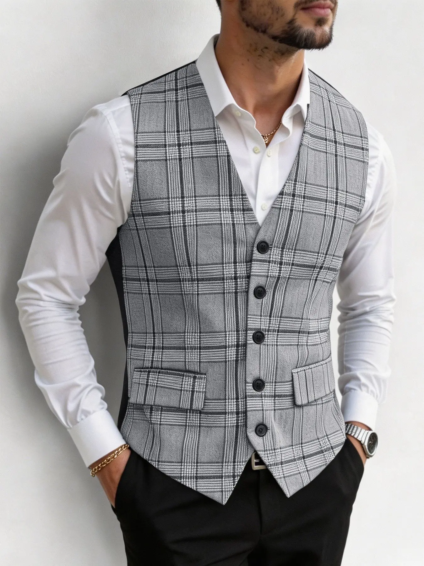 Men's Plaid Slim Fit Formal Suit Vest, Vintage Checkered Commuter Casual Vest, Tailored Hem, Adjustable Back Buckle, Pockets, British Texture Fabric