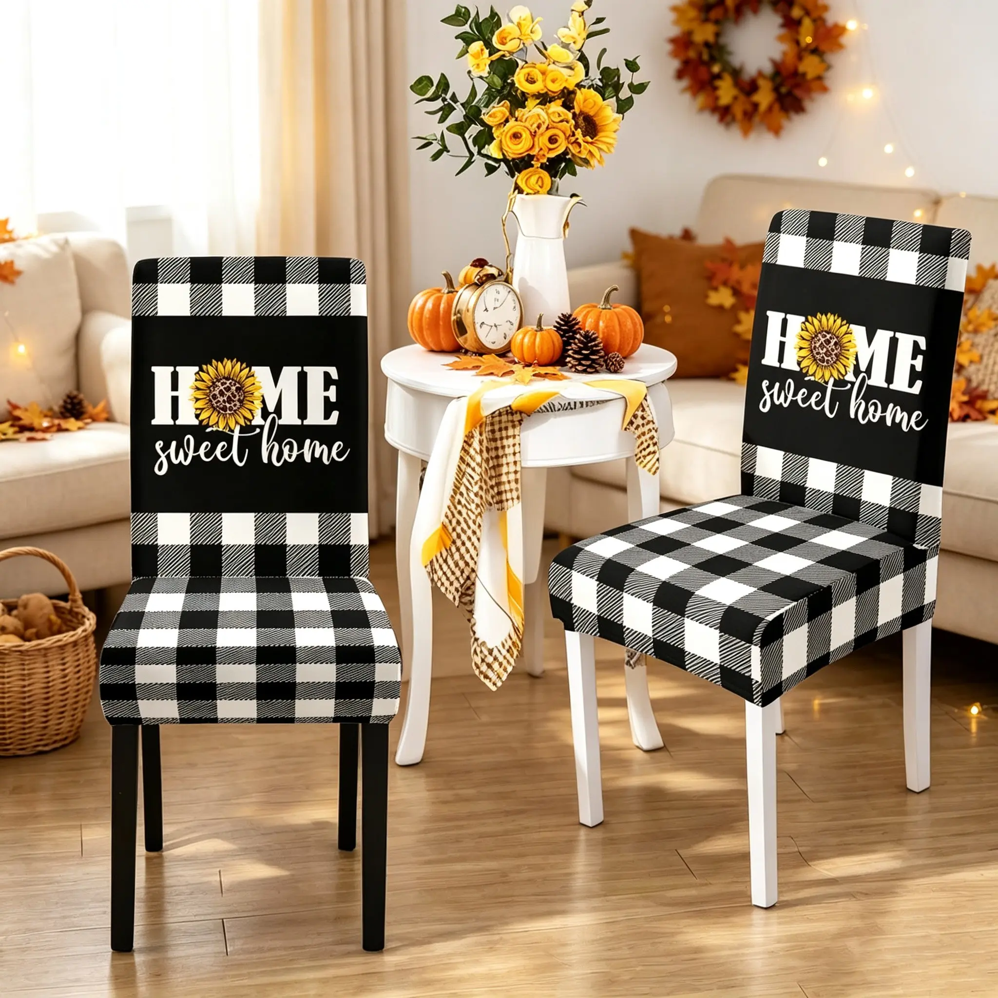 Autumn black and white checkered base HOME sunflower pattern printed dining chair cover, non-slip and washable elastic chair cover, 2/4/6 pcs, suitable for autumn Thanksgiving party decoration