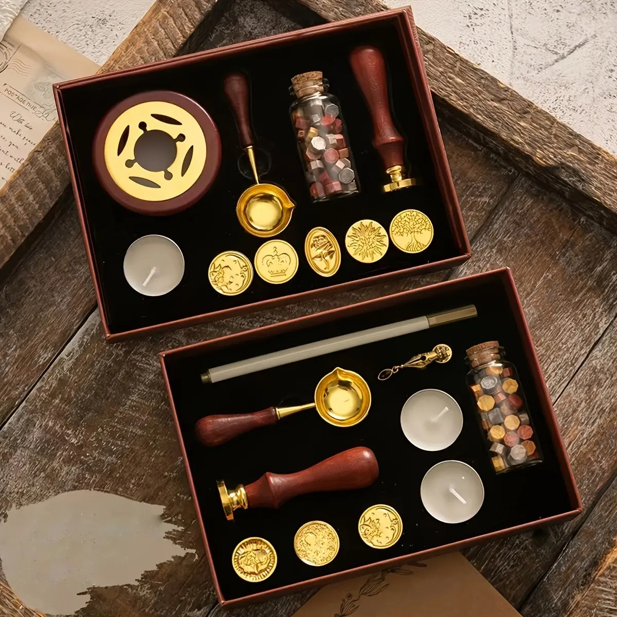 Metallic Wax Seal Kit with Box, Sealing, over 100 Wax Seals, Rose Wax Stamp, Spoon, Candle, for Wedding Invitations, Gift Packaging, Handmade Wax Seals