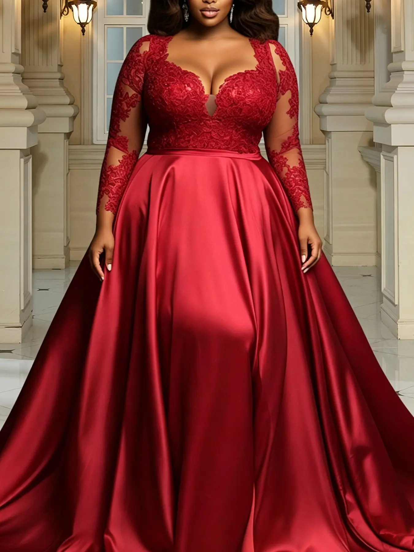 Elegant Heart Neckline Lace Mesh Patchwork Satin Long Dress, Plus Size Wedding Banquet Ball Gown, Slimming and Stylish Evening Dress