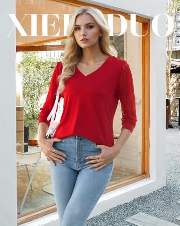 WIHOLL 3/4 Length Sleeve Womens Tops V-Neck Lace Tunic Tops Business Casual Blouses 2025 WIHOLL 3/4 Length Sleeve Womens Tops V-Neck Lace Tunic Tops Business Casual Blouses 2025