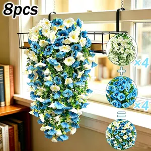 8-Piece Artificial Blue Hanging Floral Set, UV-Resistant Plastic Wreath, Wedding Garden Patio Courtyard Decor, Durable Outdoor Decoration,fade resistant faux flowers,weatherproof and long-lasting,no maintenance and realistic silk artificial flowers