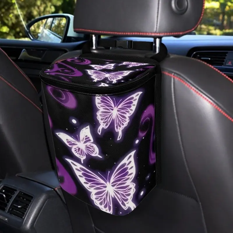 Butterfly Print Car Trash Can, Foldable Polyester Waste Bin with Lid, Portable Garbage Container for Cars and Campers, Universal Model