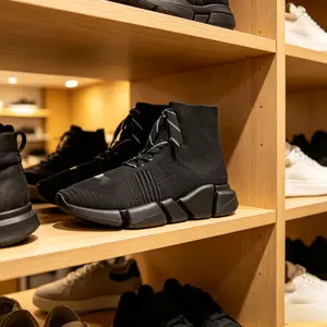 Women's High-Top Knit Sock Sneakers - Black Stretch Fabric, Lace-Up Comfortable Platform Walking Shoes, Lightweight Breathable Fashion Sneakers for Casual Streetwear