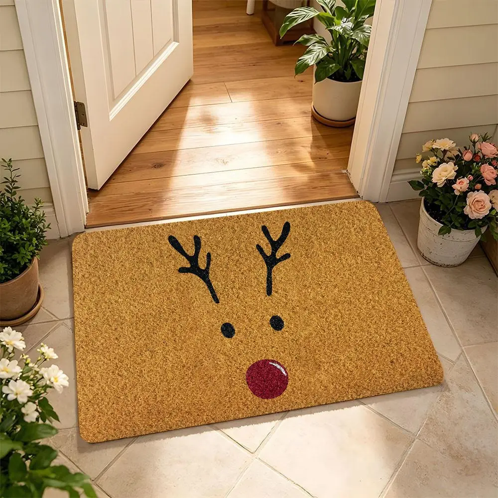 Cute Rudolph Reindeer Coir Front Door Mat, Christmas Welcome Mat, Non-Slip Rubber Back Low Shed Entry Rug, Holiday Decorative Indoor Outdoor Porch Doormat, Seasonal Home Decor Housewarming Gift for Family and Friends