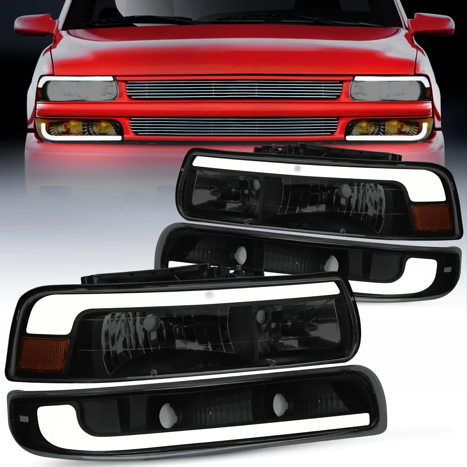 Nilight LED DRL Headlight Assembly, 12V Waterproof Adjustable Brightening Temperature-Controlled Set for 1999-2002 Chevy Silverado 1500/1500HD/2500/2500HD/3500, Chevrolet Tahoe/Suburban, Smoked Lens Black Housing Amber Bumper Lights Replacement, Car Light