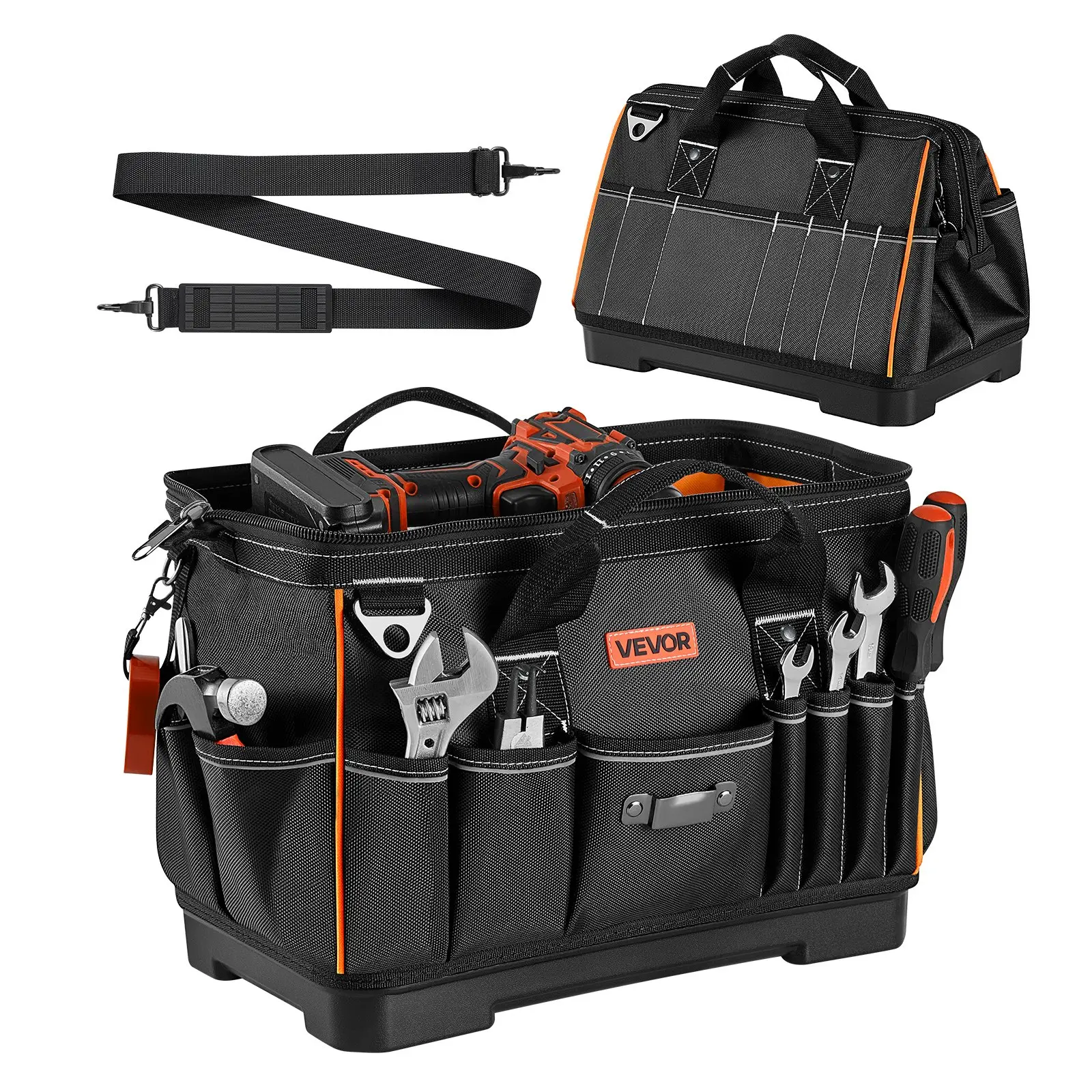 VEVOR Tool Bag, 16.1 Inch, 33-Pocket Portable Large Tool Box Organizer Storage, Toolbox with Water-Resistant Base, Zipper, Adjustable Shoulder Strap Toolbag, for Men Women Dad Husband Fathers Day