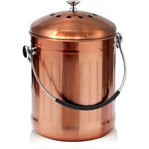 Compost Bin for Kitchen Countertop, 1.3 Gallon Matte Copper Stainless Steel Compost Bucket with Lid, Odorless Food Waste Bucket with 2 Charcoal Filters, Indoor Compost Pail with SOFT-GRIP Handle