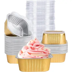 40 Pack Mini Cake Pans with Lids, 5oz Square Aluminum Foil Brownie Baking Cups, Muffin Tin Ramekins, Disposable Dessert Cupcake Cups for Wedding Birthday Party, Gold